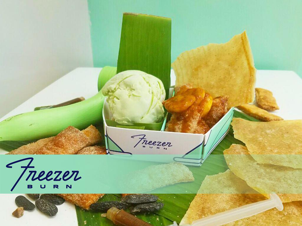 Banana Leaf Ice Cream with Pinipig Hot Banana Caramel Tart Turon