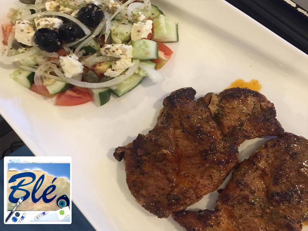 Lunch for today, pork steak with Greek salad